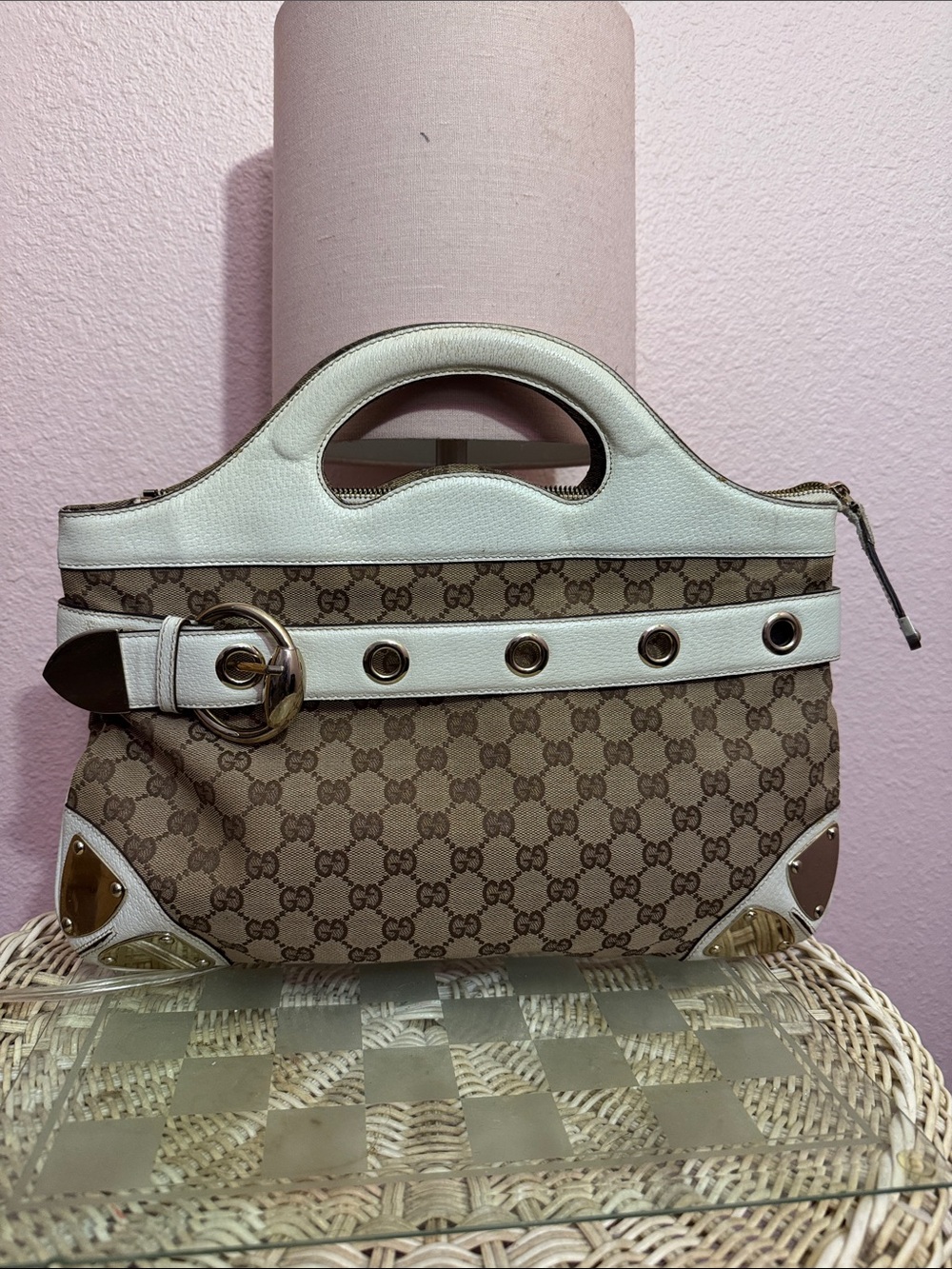 Gucci Brown GG Canvas Satchel with White Trim and Gold Accents